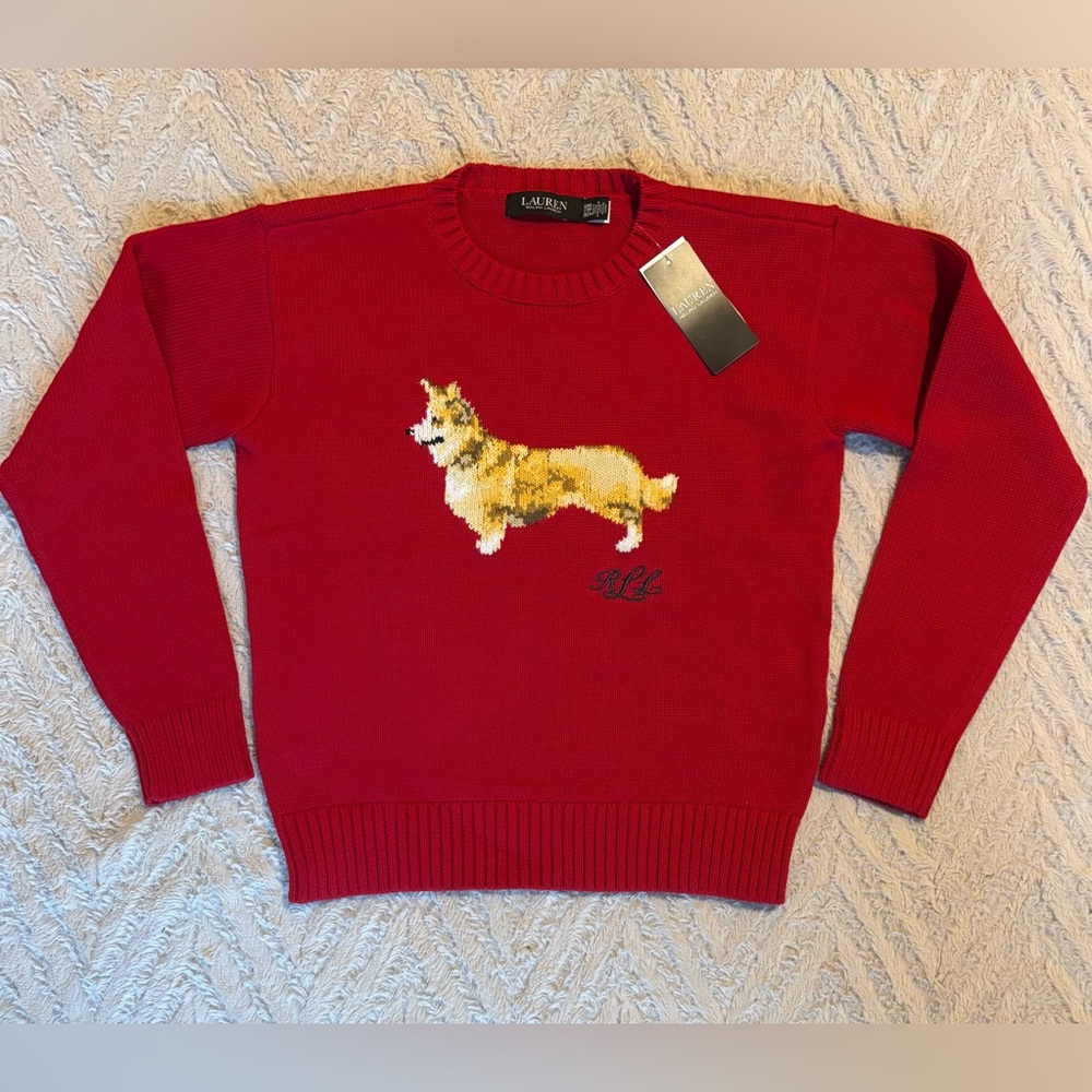 Ralph Lauren Intarsia-Knit Corgi Dog Cotton Sweater XXS NWT